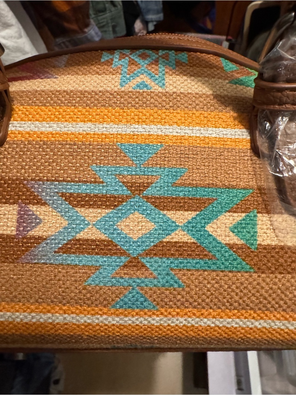 Wrangler Tan Crossbody with Turquoise & Pink Aztec Accent - Picture 6 of 13